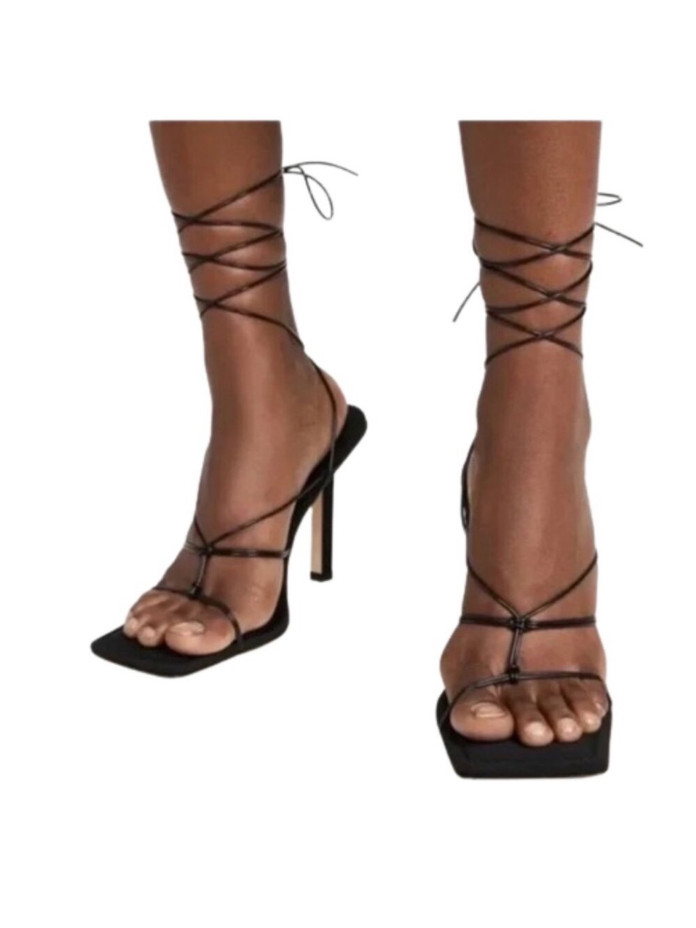 Good American Cage Slanted Sandals Neoprene Black Lace Up Heel